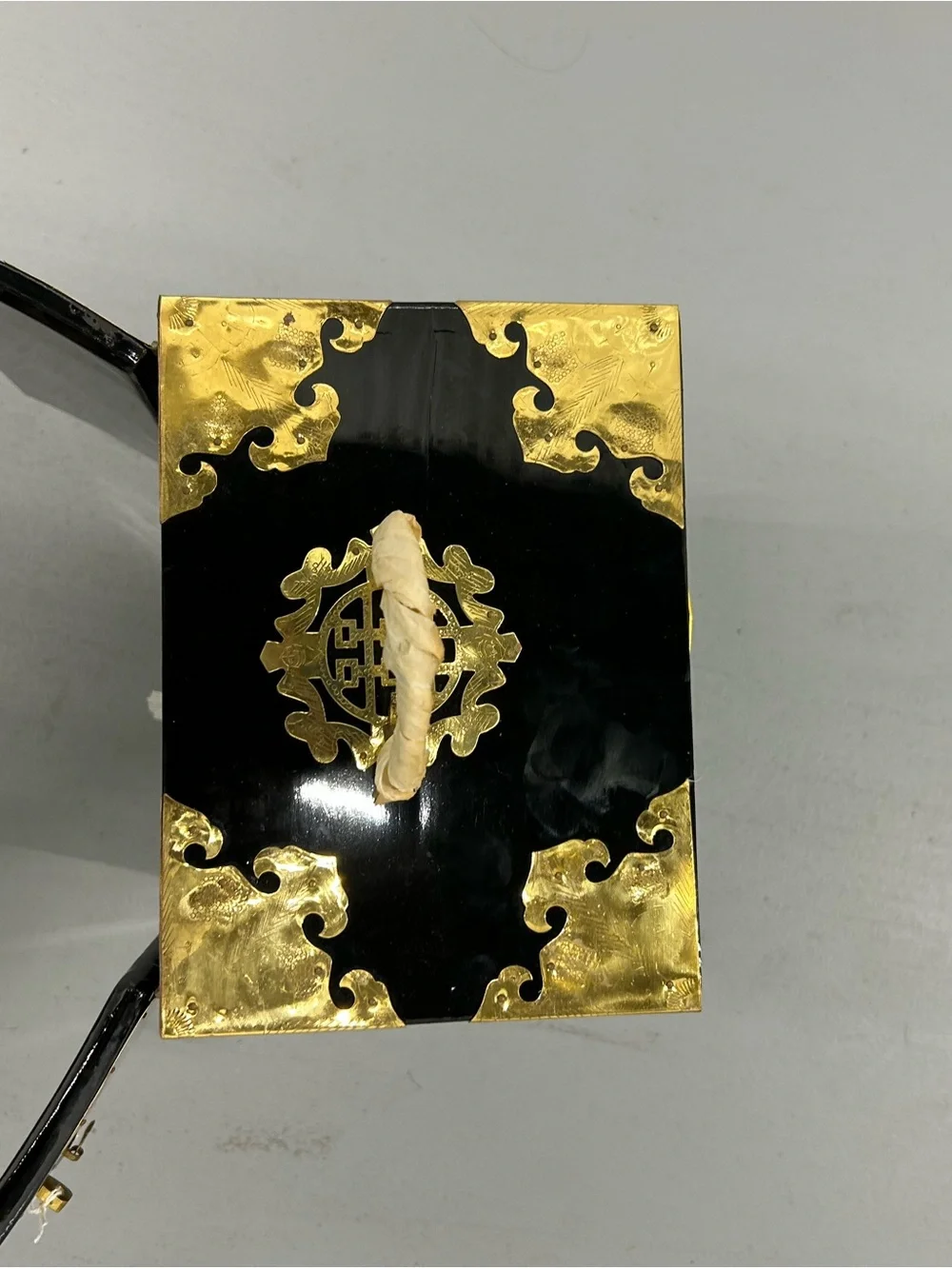 Vintage Chinese Black Lacquer Jewelry Box Cabinet Mother of Pearl Inlay Brass
